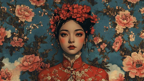 Woman in red floral attire stands before ornate flower wall