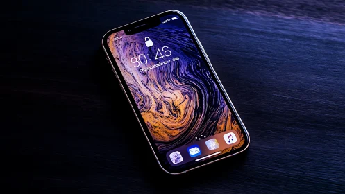 Modern smartphone with liquid marble wallpaper against dark surface