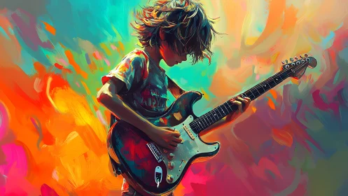 Dynamic youth guitarist rendered in expressive chromatic brushstrokes