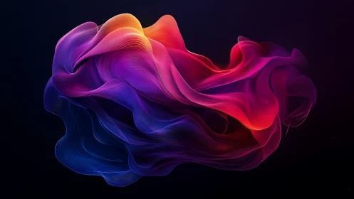 Vibrant neon ribbon cloud twists through deep violet space