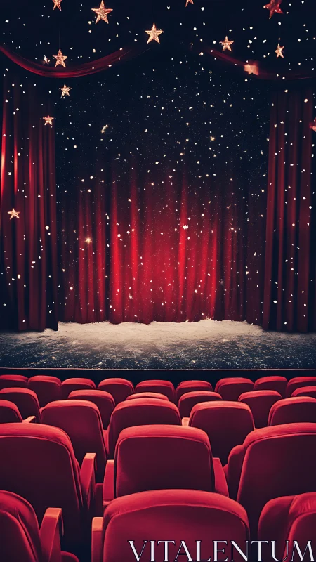 Red theater interior with curtain, seats and star decor.