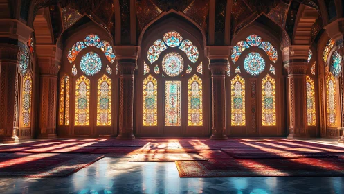 Interior hall with stained glass arches and carpets.