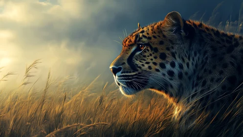Leopard in Golden Grassland at Sunset.
