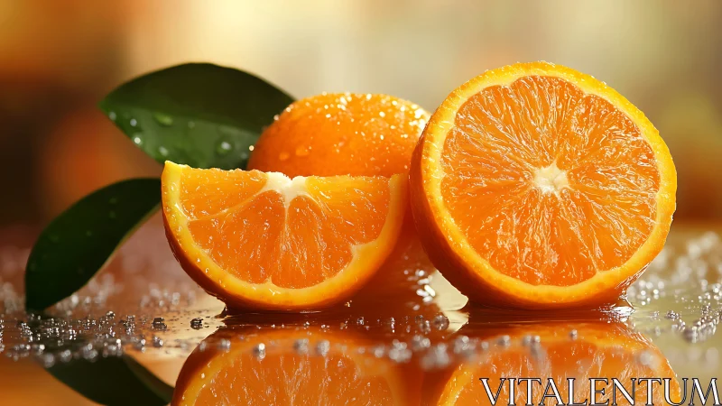 Close-up of sliced oranges with leaves on reflective surface.