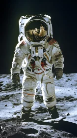 Lone astronaut strides across moonlit surface in silence.