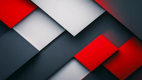Geometric red and gray layered rectangles in bold diagonal grid.