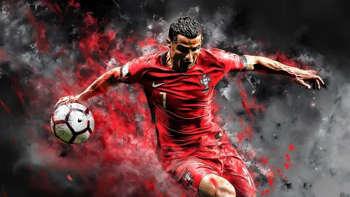 Digital rendering of soccer player in red uniform mid-stride.