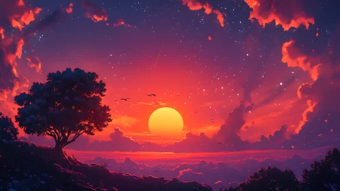 Radiant sunset ignites a tranquil dreamscape horizon