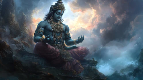 Blue-skinned deity figure in seated pose amid storm clouds.