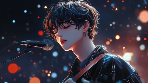 Moody anime singer performing under glowing stage lights.