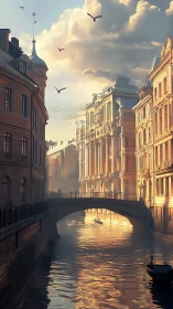 Golden canal under majestic clouds at sunrise in city.