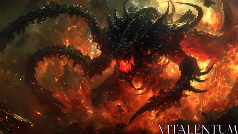 Infernal multi-limbed demon emerging from volcanic firestorm