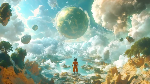 Celestial valley vista with lone warrior under verdant planet