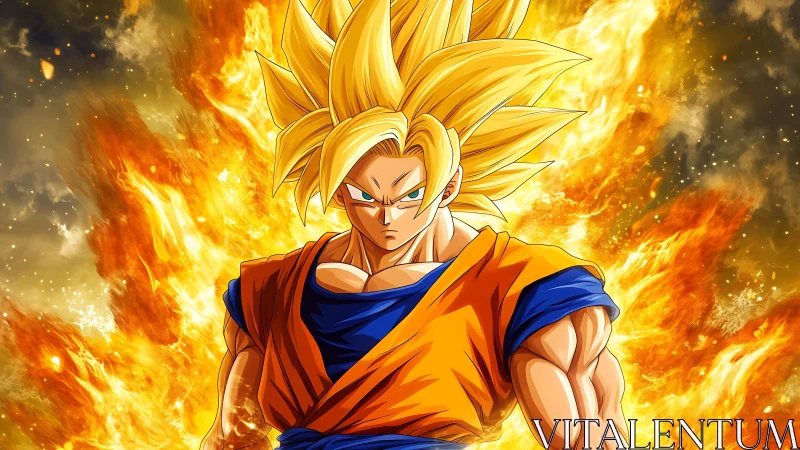 Golden warrior blazing against a storm of cosmic fire.