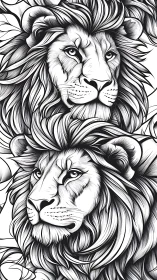 Bold twin lions share a flowing black and white mane