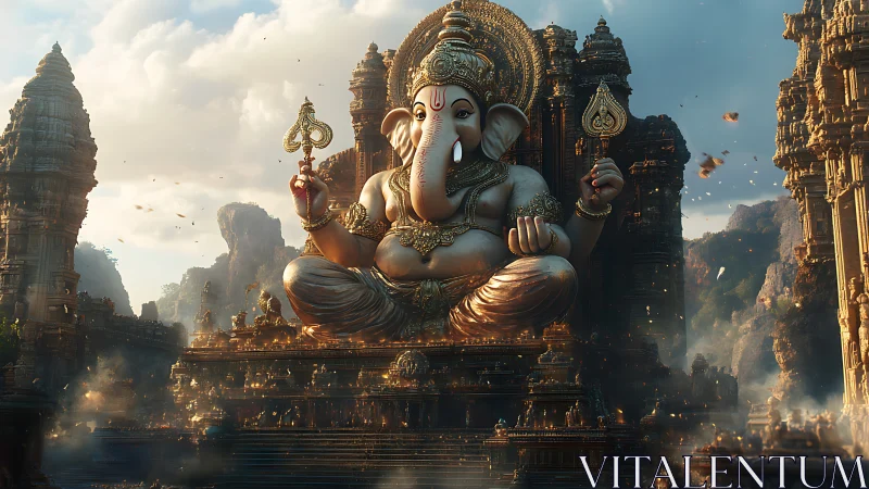 Majestic Ganesha statue watches over an ancient golden temple