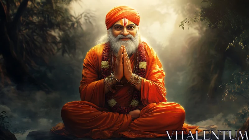 Serene orange-robed guru meditates in a glowing forest sanctuary