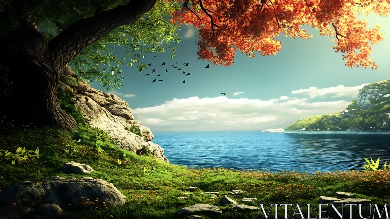 Digital painting woodland cove with luminous coastal horizon.