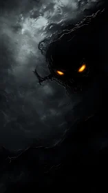 Shadow wraith with burning eyes emerges from storm clouds.