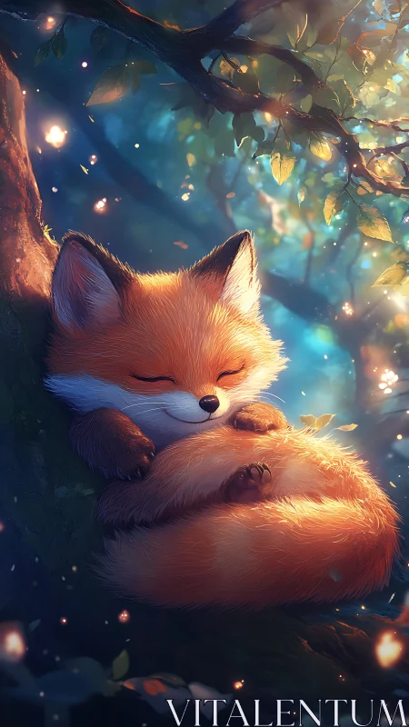 Bioluminescent forest cradles stylized fox in warm repose