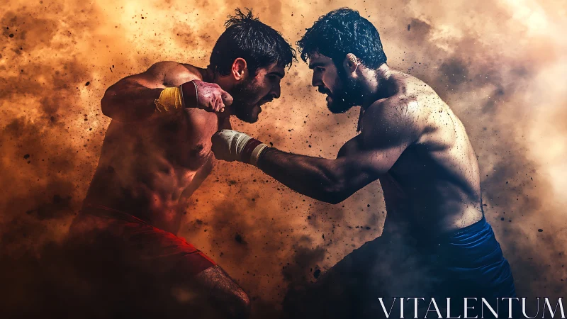 Two shirtless male fighters engaged in boxing match with dynamic pose.