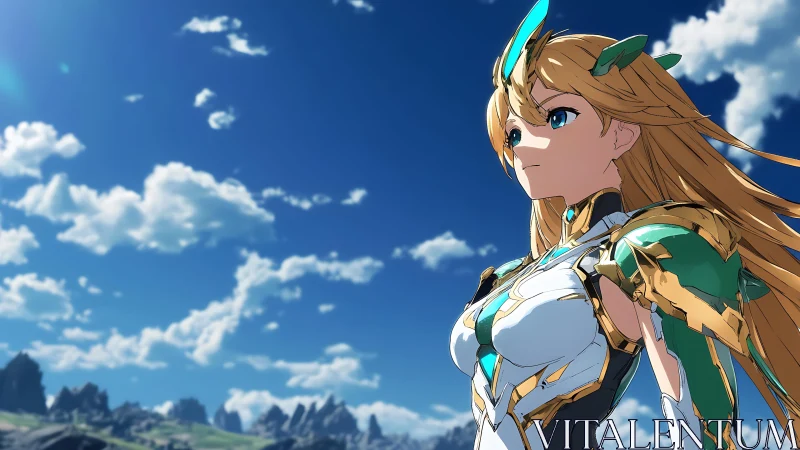 Armored anime heroine under expansive daylight sky panorama