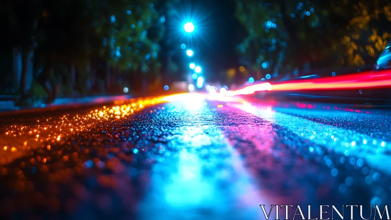 Neon light trails streak across wet city asphalt at night.