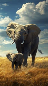 Golden savanna giants stride beneath churning stormlight skies.