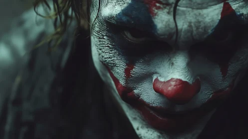 Sinister clown portrait rendered in dark cinematic close-up