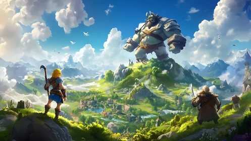 Fantasy landscape with armored giant and observing figures.