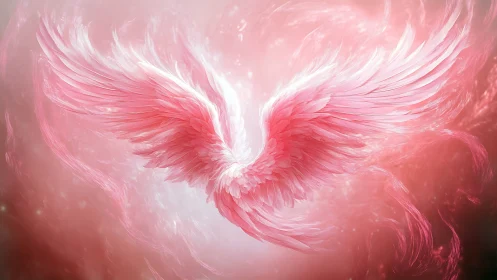 Radiant pink angel wings glowing in ethereal light.