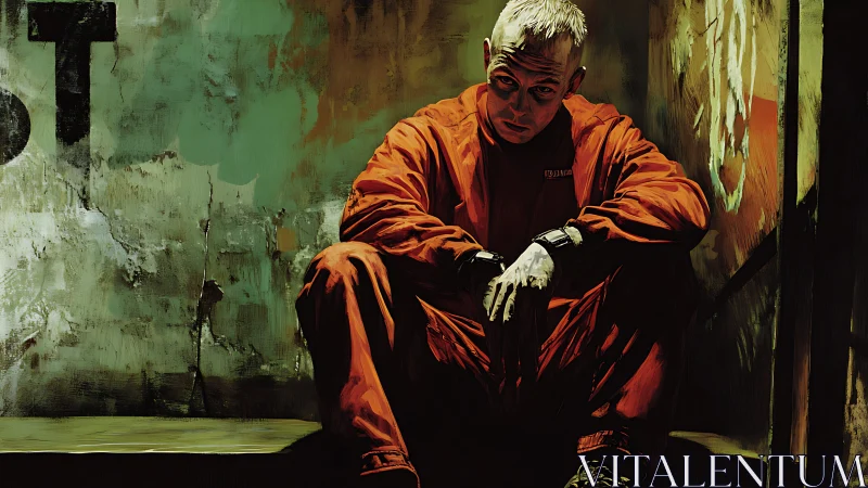 Digital painting of prisoner in orange jumpsuit, chiaroscuro study.