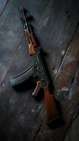 Kalashnikov style rifle on dark worn wooden surface.