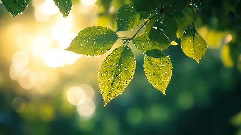 Backlit green leaves with water droplets at sunrise.