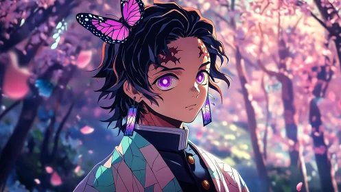 Anime portrait under luminous sakura canopy with butterflies.