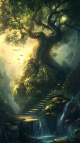 Luminescent forest stairway ascending beside cascading falls.