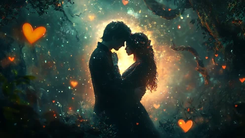 Silhouetted Couple Embracing Within Luminescent Forest Ambiance Featuring Particle Effects