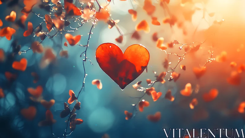 Radiant red heart suspended among floating petals and bokeh lights.