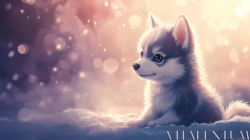 Snowy twilight puppy dreaming in soft winter sparkles.