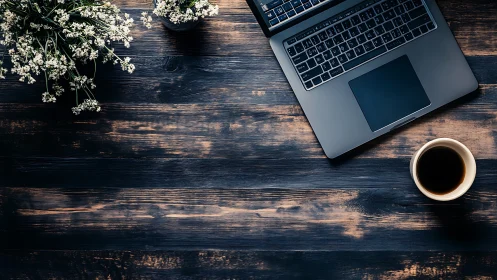 Laptop with coffee on rustic wooden desk, top view.