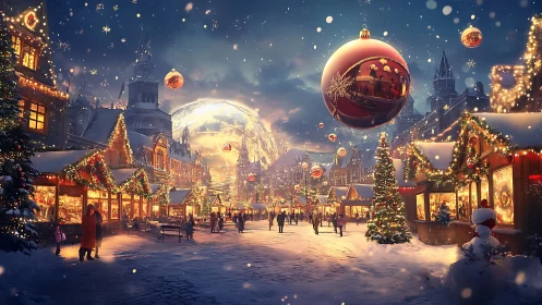 Snowlit Christmas market drifting beneath enchanted baubles.