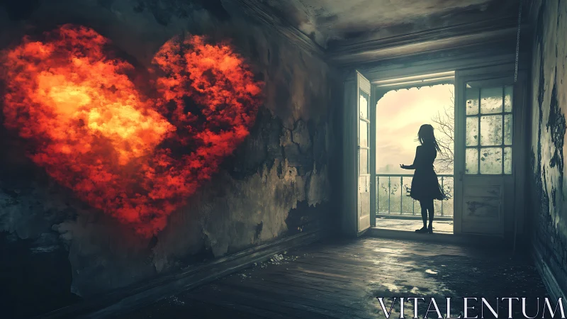 Woman Faces Glowing Heart in Abandoned Room.