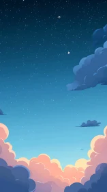 Twilight sky over pastel clouds with scattered starlight.