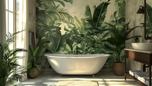 Botanical statement bathroom with sculptural freestanding tub.