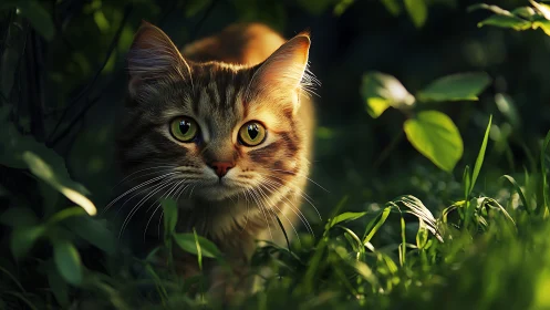 Tabby Feline with Luminous Ocular Geometry in Verdant Setting.