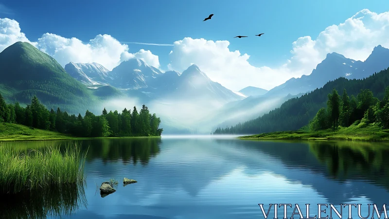 Mountain lake with forest shoreline and distant snowy peaks.