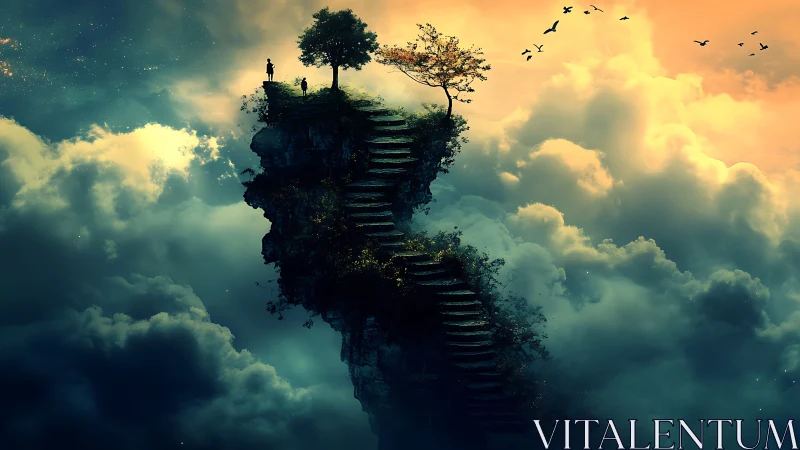 Floating cliff stairway above clouds with silhouetted figure