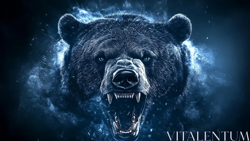 Roaring bear head emerges from swirling blue digital mist