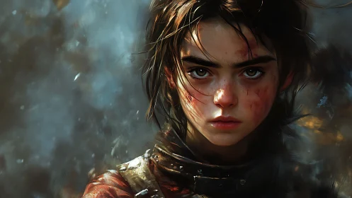 Battle-worn young warrior stares forward through drifting smoke