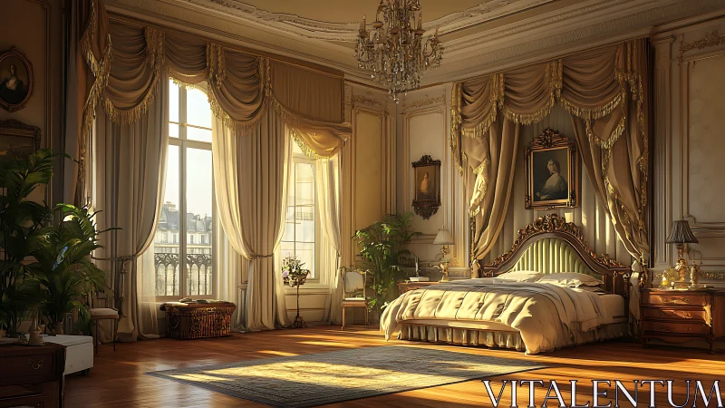 Sunlit baroque bedroom shows ornate drapery and carved bed